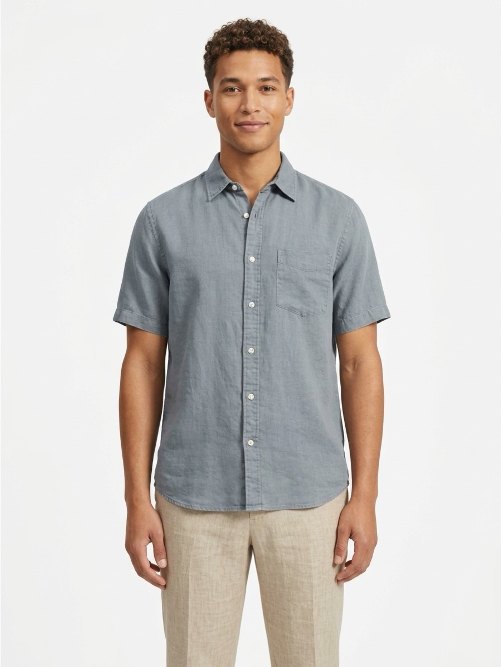 Everlane Mens Short Sleeve Pocket Button Down Shirt Linen Grey Large